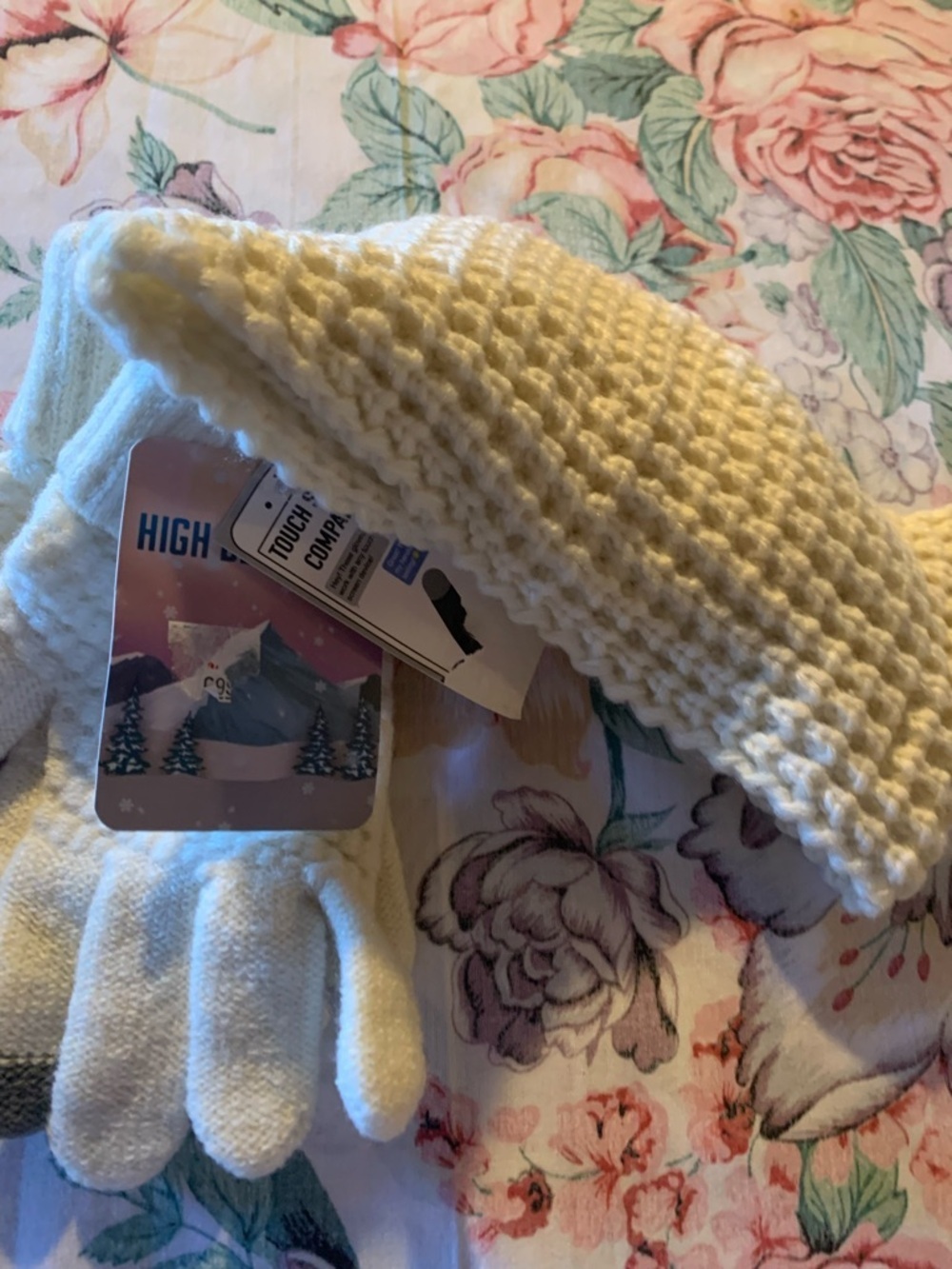 Cream Knit Hair Band and Gloves Set - Cream